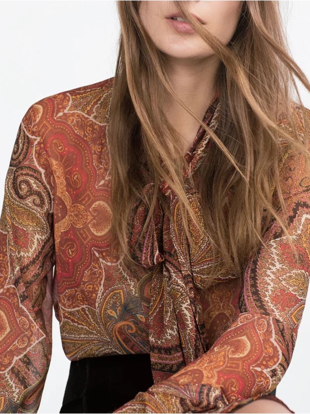 Zara Multi-Color Paisley Tie-Neck Blouse (Rust, Brown, Cream)